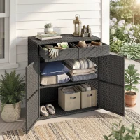 Outsunny Wicker Outdoor Storage Cabinet with 2 Doors and Drawers, 2-Tier Shelf Rattan Patio Storage Cabinet, Dark Grey(m-8)