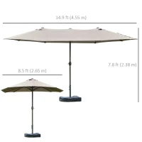 Outsunny 15' Outdoor Patio Umbrella with Twin Canopy Sunshade Steel Table Umbrella w/ Lift Crank, Cross base, Sandbag, Light Grey(m-3)