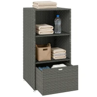 Outsunny Valet Pool Towel Rack, Water-Resistant PE Plastic Rattan Wicker Storage Organizer, 2 Shelves, 1 Basket Drawer, Dark Gray(m-11)