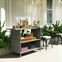 Outsunny Wicker Outdoor Bar Table, PE Rattan Bar Height Patio Table with 2 Shelves, Steel Frame for Garden, Backyard, Dark Grey(m-10)