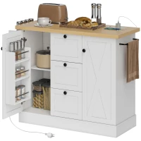 HOMCOM Farmhouse Kitchen Island Cart with Power Outlet and Soft-Close Doors, 49" Kitchen Island with 3 Drawers, White(m-11)