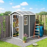 Outsunny 6' x 4' Outdoor Storage Shed, Plastic Shed with Floor, Window, Lockable Door and Vents for Outdoor Patio Storage, Gray(m-10)