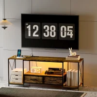 HOMCOM Industrial TV Stand for up to 55 Inch TV, TV Console with Charging Station and RGB LED Lights, Rustic Brown(m-1)