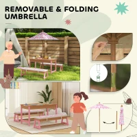 Qaba Kids Picnic Table and Bench Set with Removable Umbrella, Cushions & Boxes, Flamingo Theme for Outdoor, Pink(m-7)
