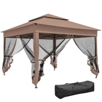 Outsunny Outdoor Patio Pop Up Canopy Gazebo Shelter with Zipper Netting, Carry Bag, 11' x 11', Brown(m-11)