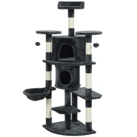 PawHut 62" Cat Tree with Scratching Post, 2 Condos, Hammock, Perches, Plush, Pompoms, for Indoor Cats, Dark Grey(m-2)