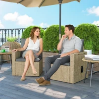 Outsunny Wicker Outdoor Sofa with Side Trays, Rattan Patio Loveseat with Cushions for Garden Balcony, Light Grey(m-8)