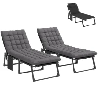 Outsunny Folding Chaise Lounge Chair Outdoor Tanning Chair Set of 2 with 5-Position Backrest, Cushions, Side Pocket, Dark Gray(m-11)