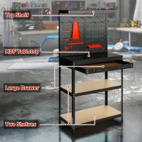 HOMCOM Work Bench with Pegboard, 31.5" Heavy Duty Metal Workbench with Hanging Kits, 2 Lower Shelves and Large Drawer, Black(m-4)