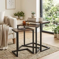 HOMCOM Nesting Coffee Table Set of 3, Stackable Rectangular End Tables with Wood-Effect Top, Metal Frame, Industrial & Rustic C-Shaped for Small Space, Living Room, Rustic Brown(m-10)