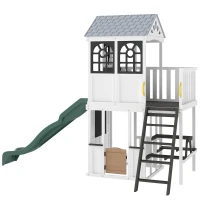 Qaba Two-Story Outdoor Playhouse, Wooden Kids Playhouse with Slide, Table & Bench, Play Kitchen, Ladder, Blackboard, White(m-1)
