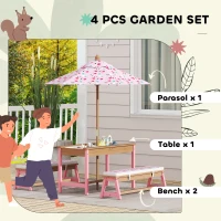 Qaba Kids Picnic Table and Bench Set with Removable Umbrella, Cushions & Boxes, Flamingo Theme for Outdoor, Pink(m-4)