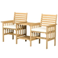 Outsunny Outdoor Wood Loveseat with Middle Table, Garden Table and Chairs Set with Cushions and Umbrella Hole, 2-Seater Outdoor Furniture Set for Balcony, Patio, Brown(m-11)