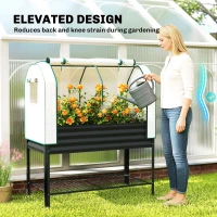 Outsunny Galvanised Raised Garden Bed with Greenhouse Cover, Metal Elevated Garden Bed with Bed Liner, Bottom Shelf, Black(m-6)