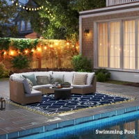 Outsunny Reversible Outdoor Rug Carpet with LED Lights, 12' x 9' PP Straw Rug with Carry Bag and Ground Stakes(m-9)