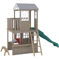 Qaba Two-Story Outdoor Playhouse, Wooden Kids Playhouse with Slide, Bench, BBQ Play Kitchen, Ladder, Lookout Platform, Clock(m-1)