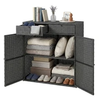 Outsunny Wicker Outdoor Storage Cabinet with 2 Doors and Drawers, 2-Tier Shelf Rattan Patio Storage Cabinet, Dark Grey(m-2)