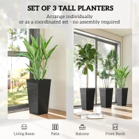 Outsunny 22.8" Tall Planters Set of 3, Indoor Outdoor Taper Planters with Stone Finish, Wheels and Drainage Hole, Black(m-4)