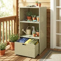 Outsunny Valet Pool Towel Rack, Water-Resistant PE Plastic Rattan Wicker Storage Organizer, 2 Shelves, 1 Basket Drawer(m-9)