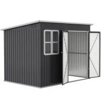 Outsunny 8.5' x 6' Galvanised Steel Outdoor Storage Shed, Garden Shed with Window, Lockable Wide Doors and Air Vents, Dark Grey(m-2)