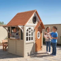 Qaba Outdoor Playhouse, Wooden Kids Playhouse with Dog Door, Cookware, Blackboard, Clock, Tic-Tac-Toe Roller for Backyard(m-2)
