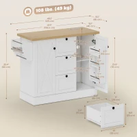 HOMCOM Farmhouse Kitchen Island Cart with Power Outlet and Soft-Close Doors, 49" Kitchen Island with 3 Drawers, White(m-3)