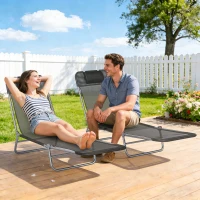 Outsunny 2 Piece Sun Loungers, Folding Chaise Lounge Chairs with Reclining Back, Breathable Mesh Seat, Headrest, Black(m-2)