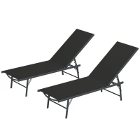Outsunny 2 Pieces Folding Outdoor Lounge Chairs, Reclining Chaise Lounge Tanning Chair w/ Adjustable Back, Mesh Seat, Black(m-2)