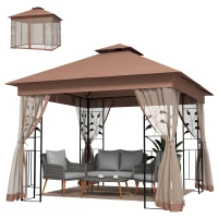 Outsunny 10'x10' Soft-top Steel Patio Gazebo Outdoor Sun Shelter with 2-Tier Polyester Roof, Curtain Sidewalls, Dark Brown(m-2)