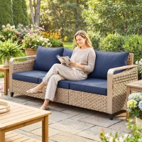 Outsunny Rattan Wicker Sofa 3-Seater Outdoor Patio Sofa with Cushions for Garden Backyard Porch Dark Blue(m-2)