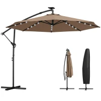 Outsunny 9.7 ft Cantilever Patio Umbrella with Solar Light, Garden Hanging Parasol with Cover, Tilt, Crank, Khaki(m-2)