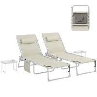 Outsunny Tanning Chair Set of 2 with Face Hole and Side Table, 5-Position Folding Outdoor Chaise Lounge Chair, Beige(m-11)