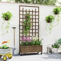 Outsunny Wooden Planter with Trellis, Raised Garden Bed with Wheels, Drainage Holes for Climbing Plants, Flowers, Brown(m-9)