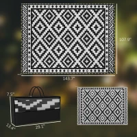 Outsunny Outdoor Rug Carpet Reversible Plastic Straw Rug with LED Lights Black and White 12' x 9' for Patio(m-3)
