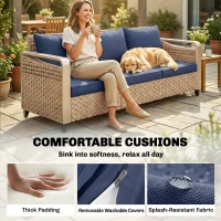 Outsunny Rattan Wicker Sofa 3-Seater Outdoor Patio Sofa with Cushions for Garden Backyard Porch Dark Blue(m-7)