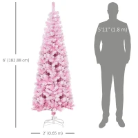 HOMCOM 6 FT Snow Flocked Artificial Christmas Tree, Pencil Xmas Tree with Realistic Branches, Auto Open and Steel Base, Pink(m-3)