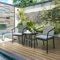 Outsunny Outdoor Bistro Set, 3 Piece Wicker Patio Furniture Set with Armchairs, 2-Tier Glass Table, Cushions, Dark Grey(m-8)