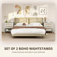 HOMCOM Set of 2 Boho Bedside Tables, Rattan Nightstands with 2 Drawers, Storage Shelf, End Side Tables for Bedroom, White Oak(m-4)