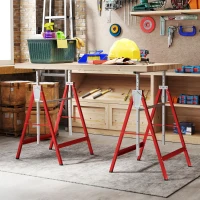 HOMCOM Set of 2 Adjustable Telescopic Builders Trestle, DIY Steel Work Bench Carpenter, Folding Saw Horse Tools Red(m-7)