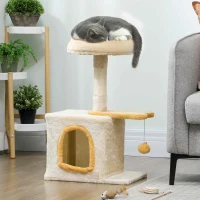 PawHut 28" Cat Tree Tower with Plush Top Bed, Cozy Condo, Sisal Scratching Post, Perch, Dangling Ball, Beige and Yellow(m-8)