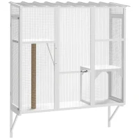 PawHut Wooden Catio Outdoor, Cat Window Box Enclosure for 2-3 Large Cats with 2 Jumping Platforms & Scratching Post, White(m-11)