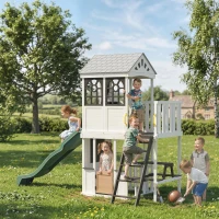 Qaba Two-Story Outdoor Playhouse, Wooden Kids Playhouse with Slide, Table & Bench, Play Kitchen, Ladder, Blackboard, White(m-2)