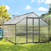 Outsunny Polycarbonate Greenhouse, Walk-in Green House with Two Top Windows, Rain Gutter and Swing Door, 8' x 16' x 7', Dark Grey(m-10)