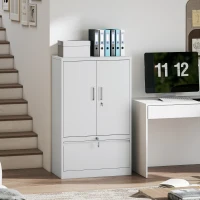 HOMCOM Lateral Filing Cabinet, Metal Storage Cabinet, Garage Cabinet with Double Locks, Adjustable Shelf and File Drawer, White(m-1)