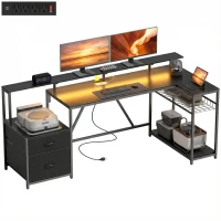 HOMCOM 76" Gaming Desk, Reversible Computer Table with RGB Lights, USB Ports, Monitor Stand and 2 Fabric Drawers, Black(m-11)