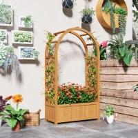 Outsunny Wooden Raised Garden Bed with Arch Trellis, 33" x 14" x 57" Raised Planter Box with Drainage Holes, Trellis Planter for Vine Climbing Plants(m-9)