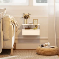 HOMCOM Floating Nightstand Set of 2, Wall Mounted Bedside Table with Drawer and Shelf, Small Night Stand for Bedroom, White(m-10)