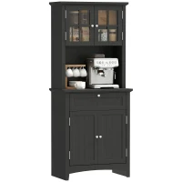 HOMCOM 64.6" Tall Kitchen Pantry Storage Cabinet with Microwave Stand, Freestanding Buffet Cabinet with Hutch, Glass Doors, Drawer and Adjustable Shelves, Black(m-2)