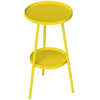 Outsunny Round Garden Table, 2-Tier Small Side Table, Metal Patio Table Coffee Table Dining Table, Yellow(m-2)