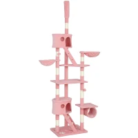 PawHut 94"-102" Floor to Ceiling Cat Tree High Cat Condo Scratching Post Activity Center Multi-Level Play House Pink(m-2)